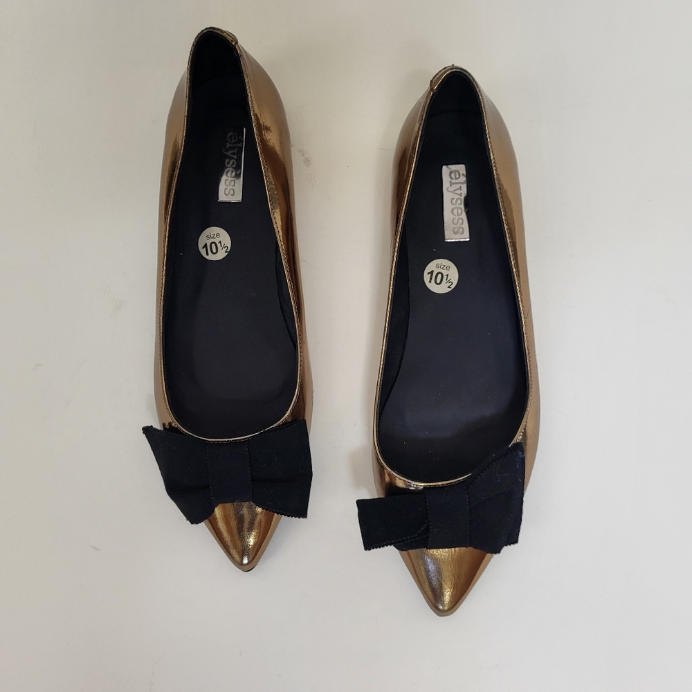 ANTHROPOLOGY Elysess Flats Womens 10.5 Gold Black Bow Patent Pointed Toe - Picture 4 of 12